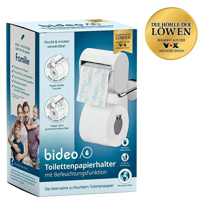 Toilettenpapierbefeuchter bideo - Weiß/Chrom, Glänzend - Produktverpackung für einen Toilettenpapierspender mit Befeuchtungsfunktion von Bideo, beworben in "Die Höhle der Löwen".