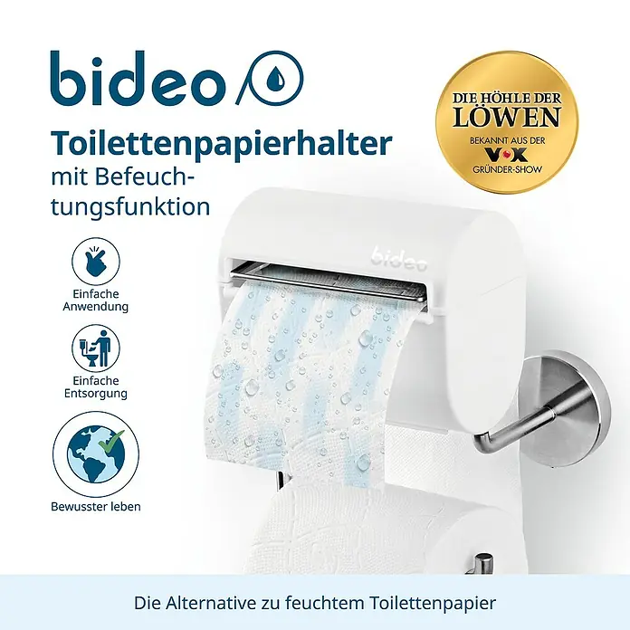 Toilettenpapierbefeuchter bideo - Weiß/Chrom, Glänzend - Das Bild zeigt einen Toilettenpapierspender mit Befeuchtungsfunktion von Bideo, bekannt aus "Die Höhle der Löwen".