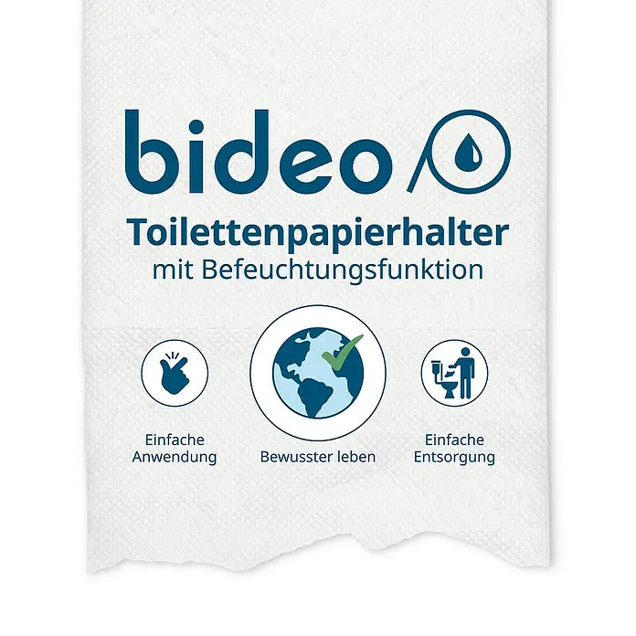 Toilettenpapierbefeuchter bideo - Weiß/Chrom, Glänzend - Das Bild zeigt eine Toilettenpapierhalterung mit Befeuchtungsfunktion. Die Symbole deuten auf einfache Anwendung, bewussteres Leben und Entsorgung hin.