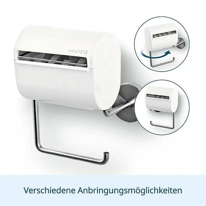 Toilettenpapierbefeuchter bideo - Weiß/Chrom, Glänzend - Vielseitige Montageoptionen für den weißen Toilettenpapierhalter mit Ablage und schwenkbarem Arm aus Edelstahl.