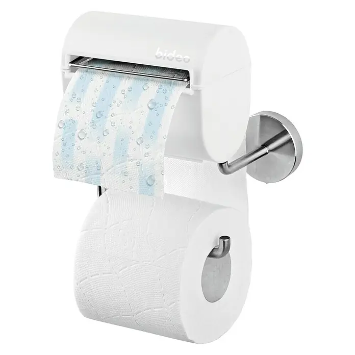 Toilettenpapierbefeuchter bideo - Weiß/Chrom, Glänzend - Bild eines weißen Bideo Toilettenpapierspenders mit Feuchttüchern und einer Rolle Toilettenpapier.