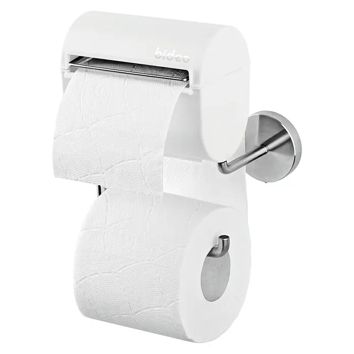 Toilettenpapierbefeuchter bideo - Weiß/Chrom, Glänzend - Ein Bideo-Toilettenpapierhalter in Weiß mit zwei Rollen Toilettenpapier, die an der Wand befestigt sind.