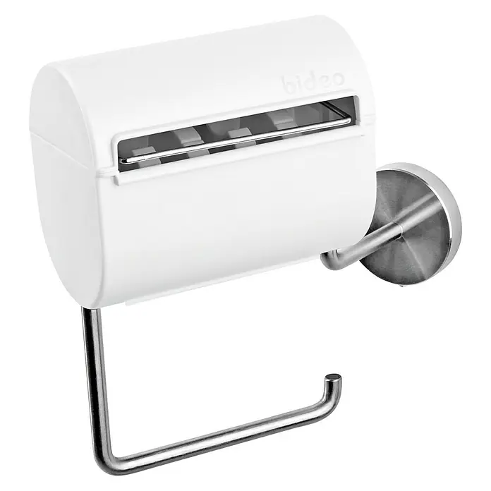Toilettenpapierbefeuchter bideo - Weiß/Chrom, Glänzend - Toilettenpapierhalter mit Papierbehälter und Halterung aus gebürstetem Edelstahl für eine einfache Wandmontage im Badezimmer.