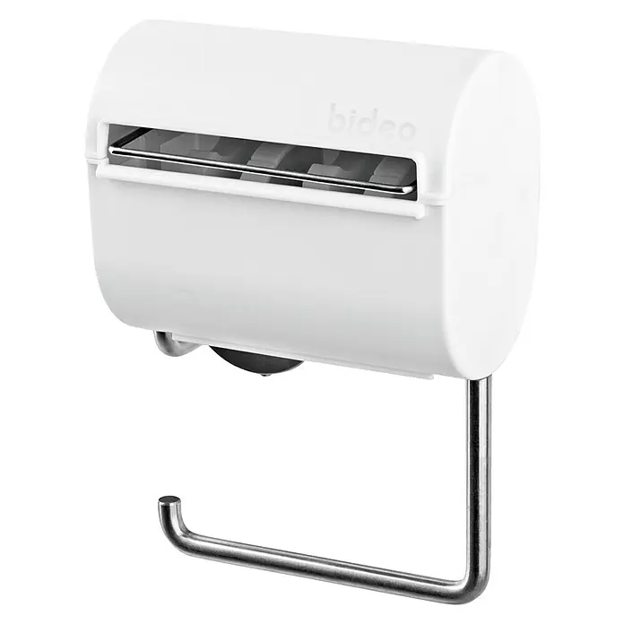 Toilettenpapierbefeuchter bideo - Weiß/Chrom, Glänzend - Weißer Bideo-Toilettenpapierspender mit verchromtem Arm für modernes Badezimmerdesign, vereint Funktion und Ästhetik.
