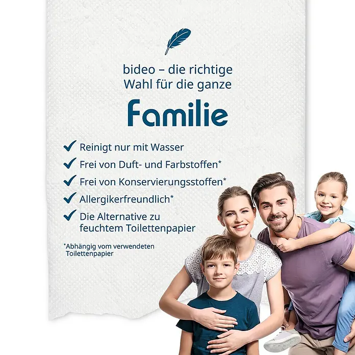 Toilettenpapierbefeuchter bideo - Weiß/Chrom, Glänzend - Werbung für "bideo"-Toilettenpapier, die eine Familie zeigt und die Vorteile wie sanfte Reinigung und Allergikerfreundlichkeit hervorhebt.