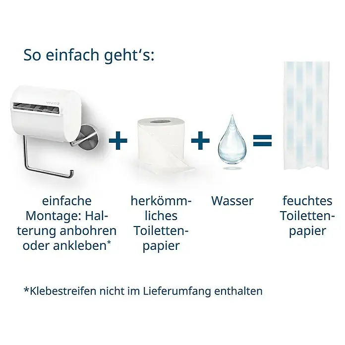 Toilettenpapierbefeuchter bideo - Weiß/Chrom, Glänzend - Illustration: Toilettenpapierhalter plus herkömmliches Toilettenpapier plus Wasser ergibt feuchtes Toilettenpapier.