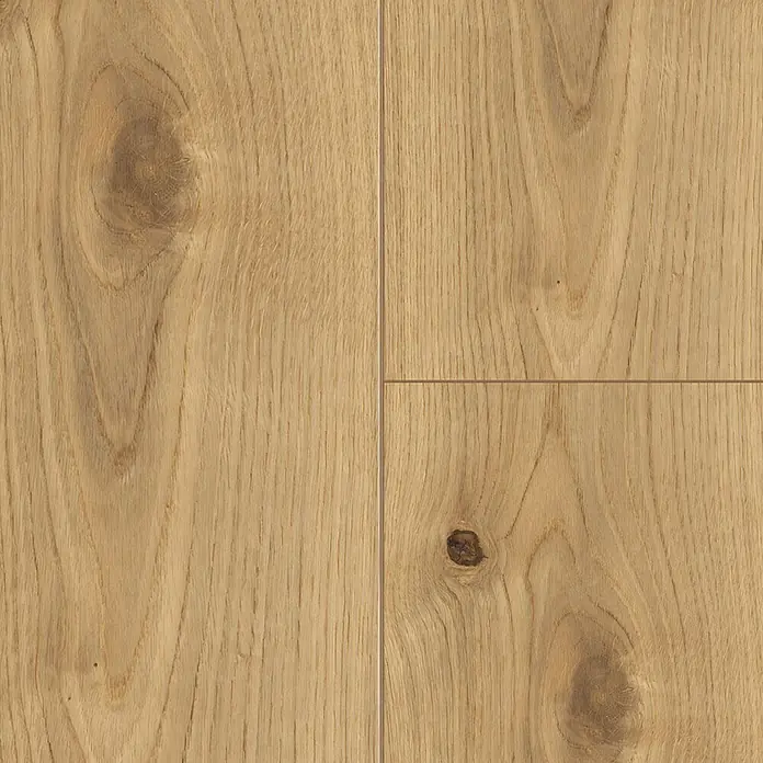 Living by Haro Parkettmuster Eiche geölt strukturiert - 290 x 180 x 11 mm, Landhausdiele - Detailaufnahme von vier hellbraunen Eichenholzböden mit gut sichtbarer Maserung und Astlöchern.