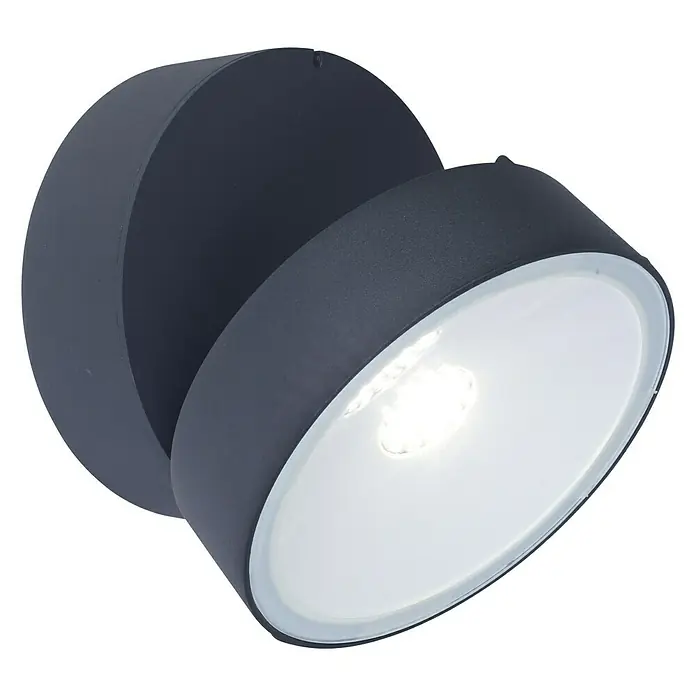 Lutec LED-Außenwandleuchte - 6,7 W, Anthrazit - Nahaufnahme einer modernen, grauen Wandleuchte mit hellem, weißem Leuchtfeld vor schwarzem Hintergrund.