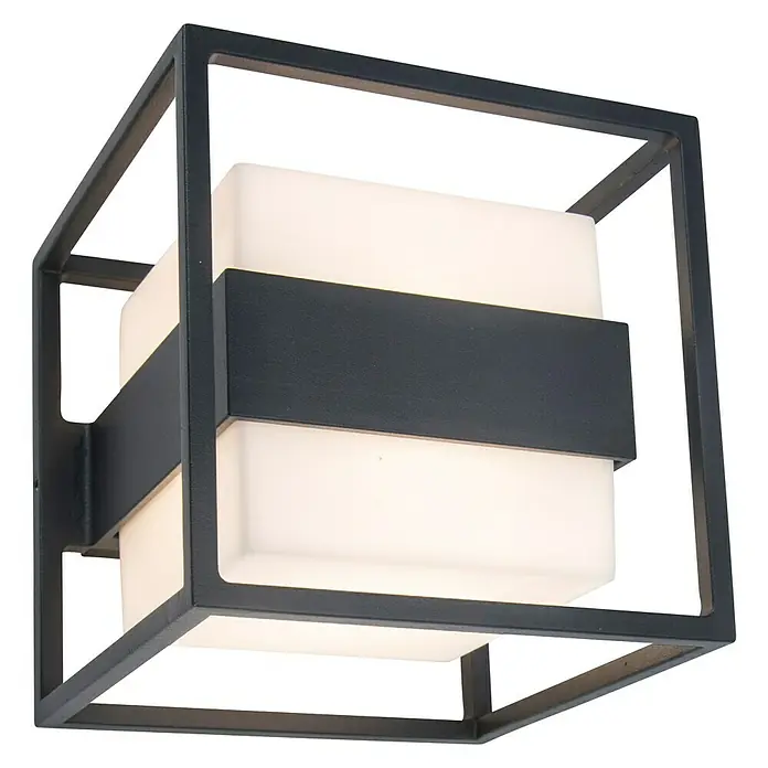 Lutec Aplique exterior LED Cruz - 13 W, 140 x 140 x 148 mm, Gris oscuro, IP54 - Una lámpara de pared cuadrada con vidrio esmerilado y marco de metal oscuro con banda. Diseño elegante para interiores modernos.