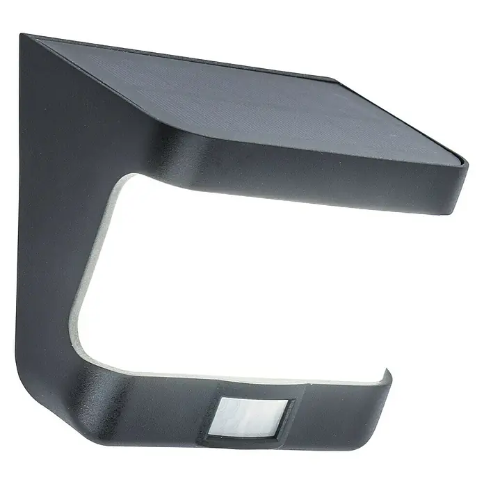 Lutec Aplique exterior LED con sensor Try - 8 W, L x An x Al: 6,9 x 12,5 x 11,8 cm, Negro, Blanco neutro - Primer plano de una moderna lámpara de pared solar negra con sensor de movimiento, ideal para exteriores.
