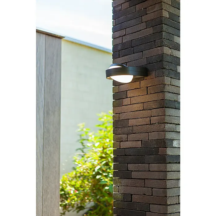 Lutec Aplique exterior LED Fele - 14 W, 50 x 160 x 200 mm, Gris oscuro, IP54 - Primer plano de una moderna lámpara de pared exterior redonda en una pared de ladrillo oscuro, que emite un brillo cálido.