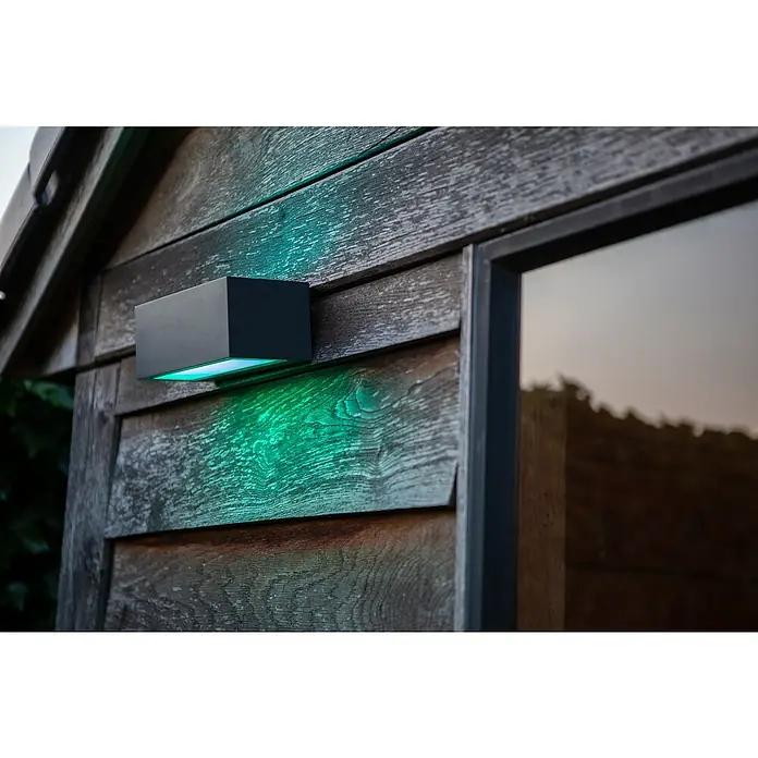 Lutec Aplique exterior LED Gemini - 16 W, 10,3 x 22 x 8,5 cm, Gris oscuro, IP54 - Luz de pared negra moderna con luz verde en una pared de madera junto a una ventana. La luz proporciona iluminación ambiental en el área exterior.