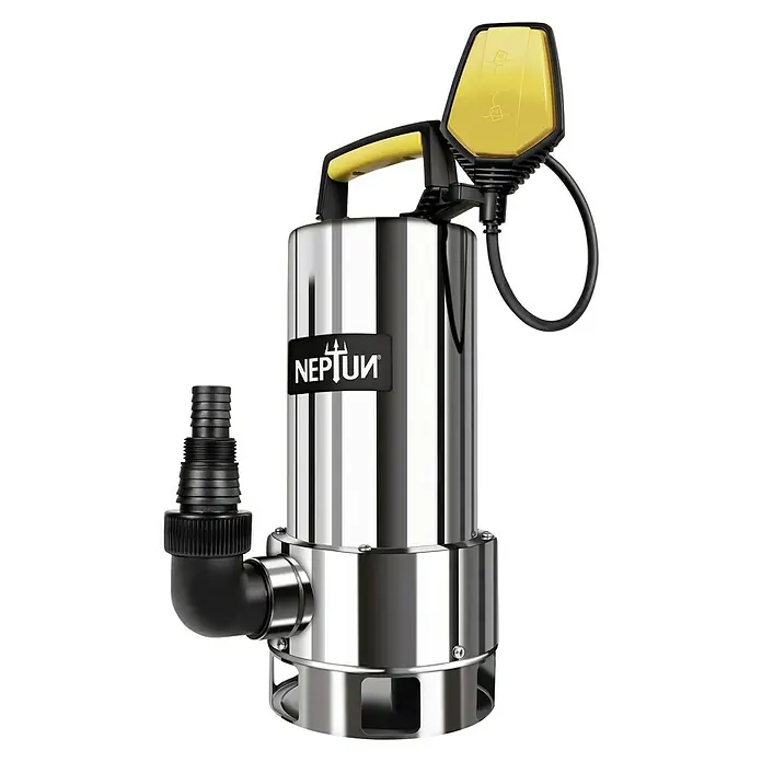 Neptun Schmutzwasserpumpe NSP-E 95 INOX900 W, Max. Fördermenge: 18.200 l/h, Eintauchtiefe: 5 m - Das Bild zeigt eine Tauchpumpe der Marke Neptun in silberner Farbe, die für den Einsatz in verschiedenen Umgebungen geeignet ist.