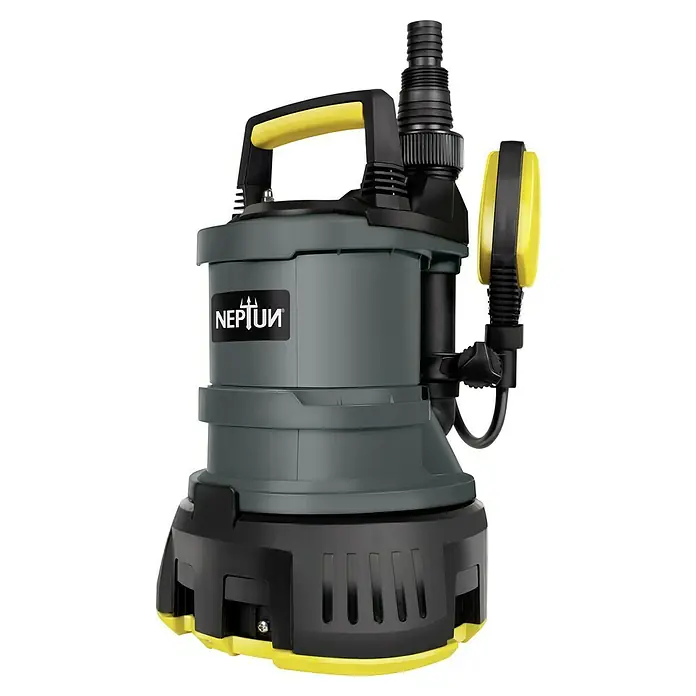 Neptun Abwasserpumpe NKSP-E 52 2in1 - 520 W, Max. Fördermenge: 13.500 l/h - Eine Neptun-Tauchpumpe, ideal für die Entwässerung, mit robustem Design und gelben Akzenten für verbesserte Sichtbarkeit und Handhabung.
