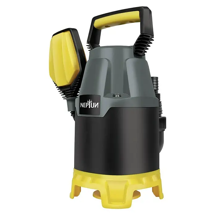 Neptun Schmutzwasserpumpe NSP-E 33 - 330 W, Max. Fördermenge: 9.500 l/h, Eintauchtiefe: 7 m - Nahaufnahme einer Neptun-Schmutzwasserpumpe in Grau, Schwarz und Gelb, die für den Einsatz in anspruchsvollen Umgebungen konzipiert ist.