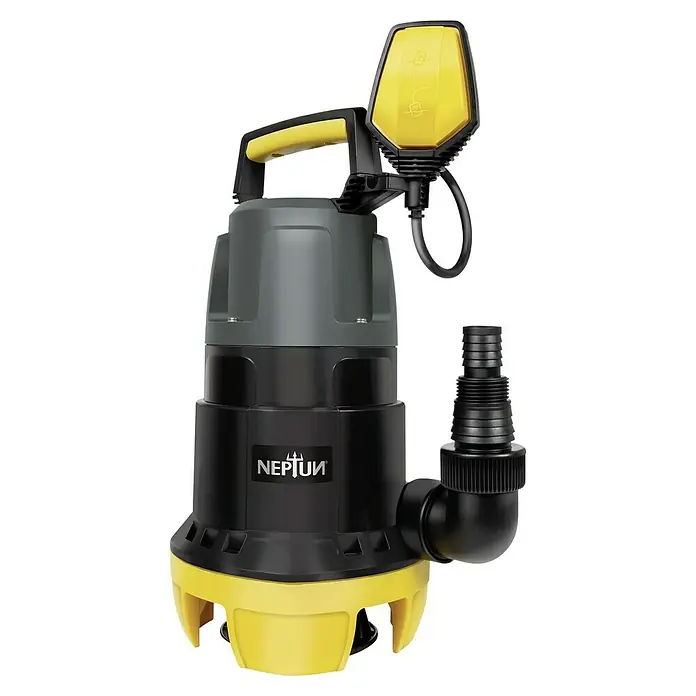 Neptun Schmutzwasserpumpe NSP-E 75 - 750 W, Max. Fördermenge: 15.500 l/h, Eintauchtiefe: 7 m - Das Bild zeigt eine Neptun-Tauchpumpe in Schwarz, Grau und Gelb mit einem Griff und einem gelben Schalter. Die Pumpe hat einen seitlichen Auslass.