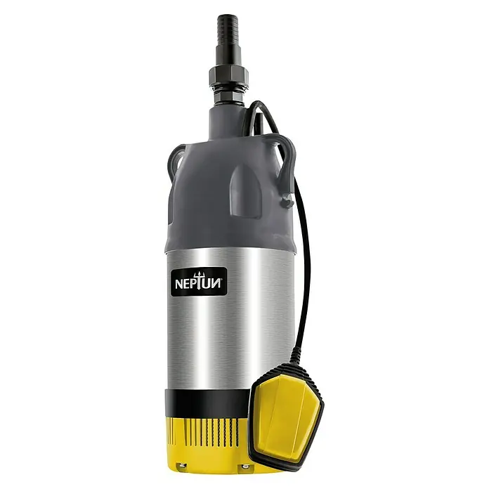 Neptun Drucktauchpumpe NTP-E 80 - 800 W, Max. Fördermenge: 6.000 l/h - Abgebildet ist eine Neptun-Schmutzwasserpumpe mit Schwimmerschalter, ideal zum Abpumpen von verschmutztem Wasser in Kellern oder Teichen.