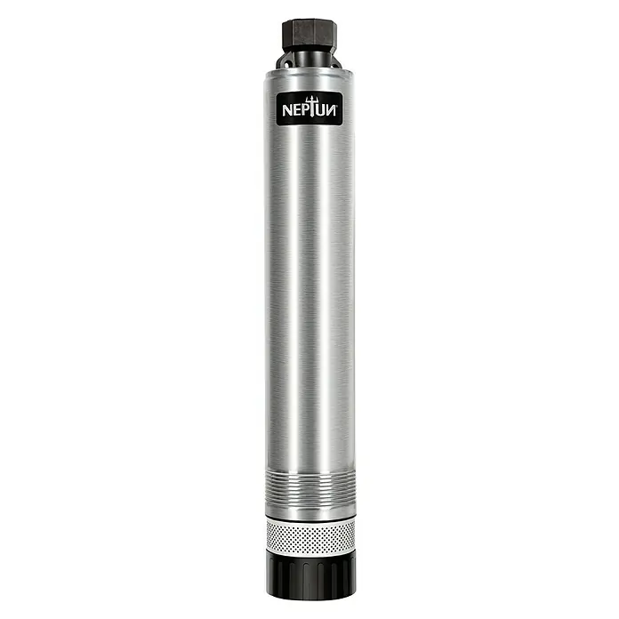 Neptun Bomba de pozo NTP-E 100 - 1.000 W, Capacidad de bombeo máx.: 6.500 l/h, Altura de transporte máx.: 45 m - Bomba de pozo profundo Neptun. La bomba es de acero inoxidable, con base de plástico negro y un logotipo de Neptun en la parte frontal.