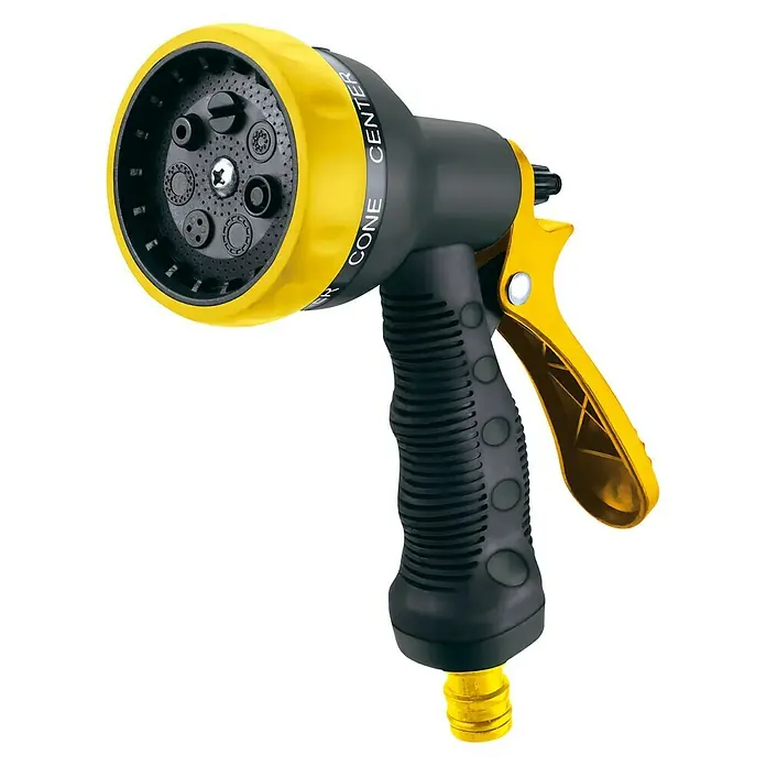 Neptun Gartenpumpe NGP-E 100 SET - 1.000 W, Max. Fördermenge: 4.600 l/h - Eine gelb-schwarze Gartenbrause mit verschiedenen Sprühmodi für die Bewässerung, vielseitig einsetzbar und robust konstruiert.