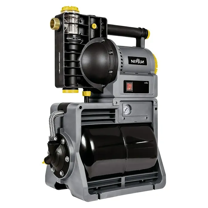 Neptun Hauswasserwerk NHW-E 120 - 1.200 W, Max. Fördermenge: 4.600 l/h, Max. Druck: 5 bar - Abbildung einer Neptun-Hauswasseranlage, einem Gerät zur automatischen Wasserversorgung im Haus und Garten.