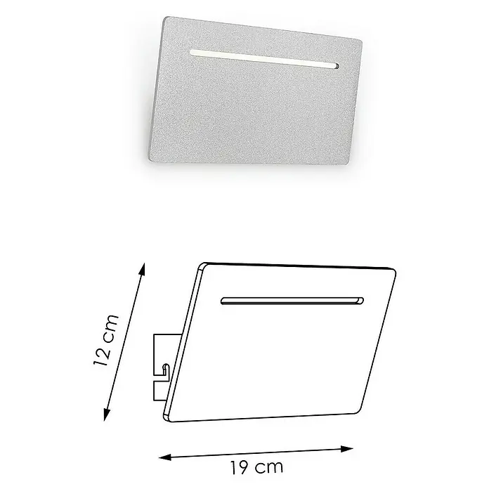 Home Sweet Home Wandleuchte Luigi - 5 W, L x B x H: 22 x 7 x 12 cm, Aluminium - Abbildung einer modernen, silberfarbenen LED-Wandleuchte mit schlitzförmigem Lichtaustritt und Maßangaben für Höhe und Breite.
