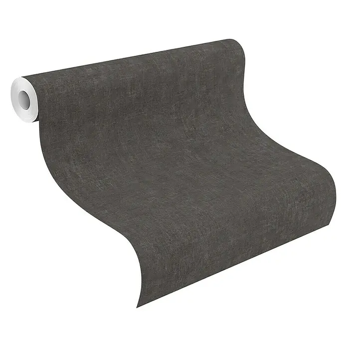 Rasch Factory 4 Vliestapete - Schwarz, Uni, 10,05 x 0,53 m - Eine Rolle dunkler, texturierter Tapete auf einer schwarzen Oberfläche.