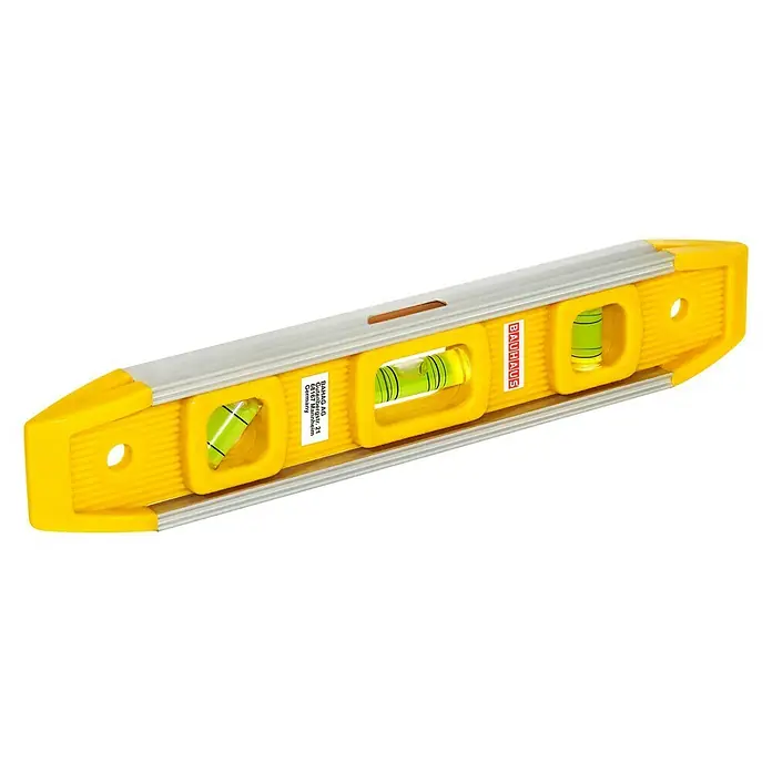 BAUHAUS Torpedo-Wasserwaage - 23 cm - Gelbe Wasserwaage der Marke Bauhaus mit drei Libellen, ideal für präzise Messungen und Ausrichtungen im Handwerk und Heimwerkerbereich.