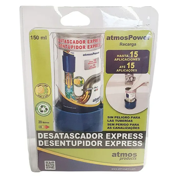 Atmos Desatascador express Atmospower Recarga - Válvulas de salida, 150 ml - Imagen de un paquete de Desatascador Exprés Atmos Power.