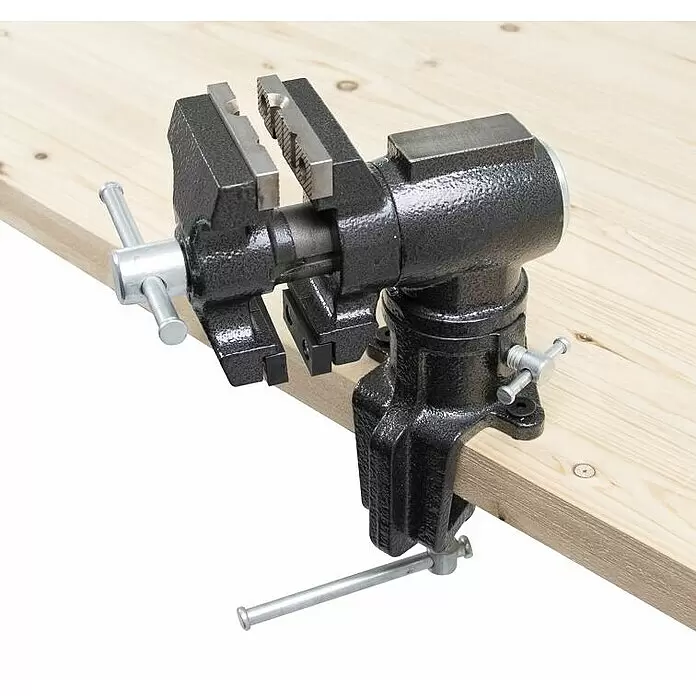 Wisent Multi-Schraubstock - Spannweite: 50 mm, Metall - Schwarzer Tischschraubstock aus Metall, sicher an einer hellen Holzplatte befestigt, mit Drehfuß und verstellbaren Backen.