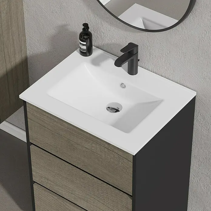 Artysan Conjunto de mueble de baño Africa - Ancho: 60 cm, 3 pzs., Nebraska, Mate - Mueble de baño moderno con grifo negro, lavabo y cajones con aspecto de madera para un baño elegante y funcional.