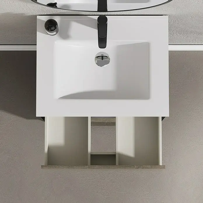 Artysan Conjunto de mueble de baño Africa - Ancho: 60 cm, 3 pzs., Nebraska, Mate - Vista superior de un lavabo moderno con un armario abierto debajo, que ofrece almacenamiento, ideal para el baño.