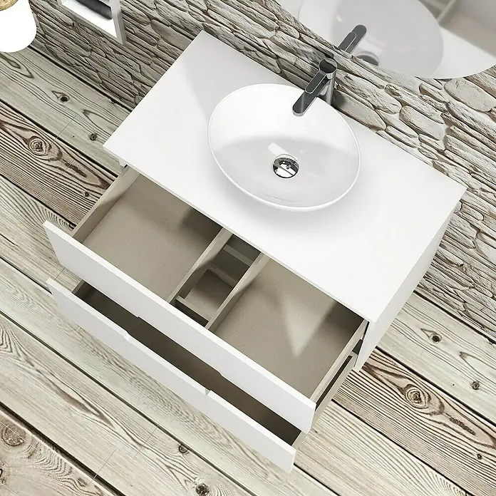 Artysan Conjunto de mueble de baño Loop Top - Ancho: 100 cm, 4 pzs., Blanco, Mate - Imagen de un mueble de baño blanco con sistema de cajones abiertos, diseño minimalista y lavabo sobre encimera redondo.