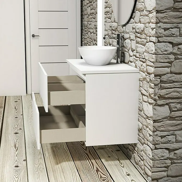 Artysan Conjunto de mueble de baño Loop Top - Ancho: 100 cm, 4 pzs., Blanco, Mate - Un lavabo de baño chic con cajones abiertos, que combina diseño moderno y funcionalidad. El acabado blanco irradia elegancia.