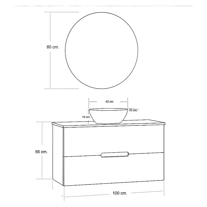 Artysan Conjunto de mueble de baño Loop Top - Ancho: 100 cm, 4 pzs., Blanco, Mate - Esquema de un mueble de lavabo con espejo redondo. Se dan las dimensiones del mueble.