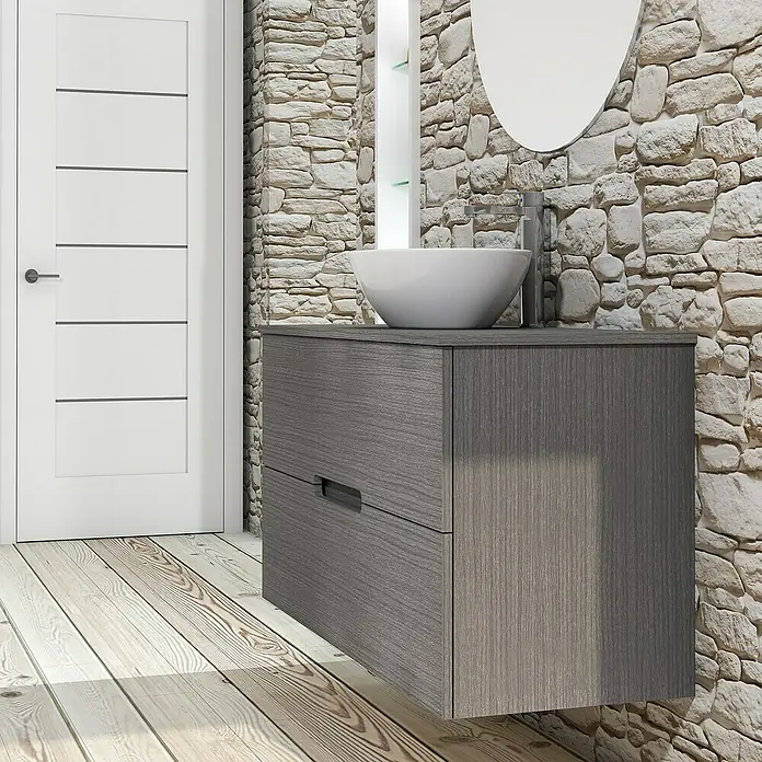 Artysan Conjunto de mueble de baño Loop Top - Ancho: 100 cm, 4 pzs., Ceniza, Mate - Un moderno mueble de baño gris con lavabo y espejo, que ofrece una solución elegante y funcional para el baño.