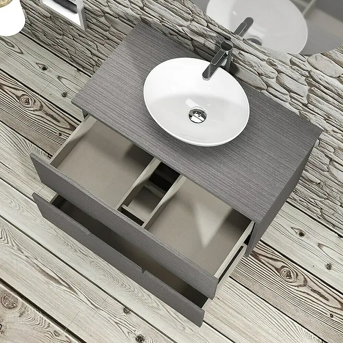 Artysan Conjunto de mueble de baño Loop Top - Ancho: 80 cm, 4 pzs., Ceniza, Mate - Mueble de baño gris con cajones y lavabo sobre encimera, perfecto para baños modernos. Solución de almacenamiento elegante y funcional.