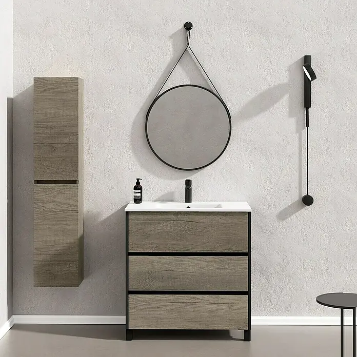 Artysan Conjunto de mueble de baño Africa - Ancho: 80 cm, 3 pzs., Nebraska, Mate - Conjunto de baño moderno con mueble de lavabo, espejo y armario alto en aspecto de madera.