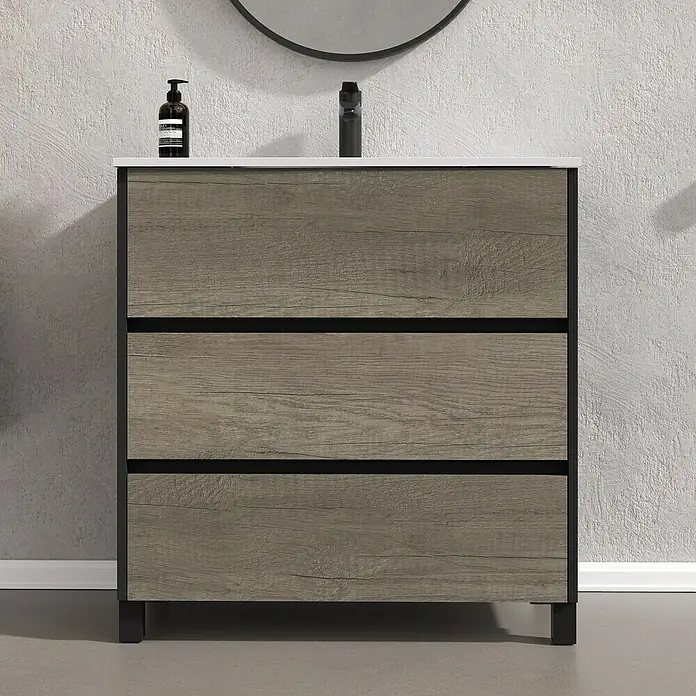 Artysan Conjunto de mueble de baño Africa - Ancho: 80 cm, 3 pzs., Nebraska, Mate - Mueble de baño moderno con tres cajones de aspecto de madera y estructura de metal negro para un baño elegante.