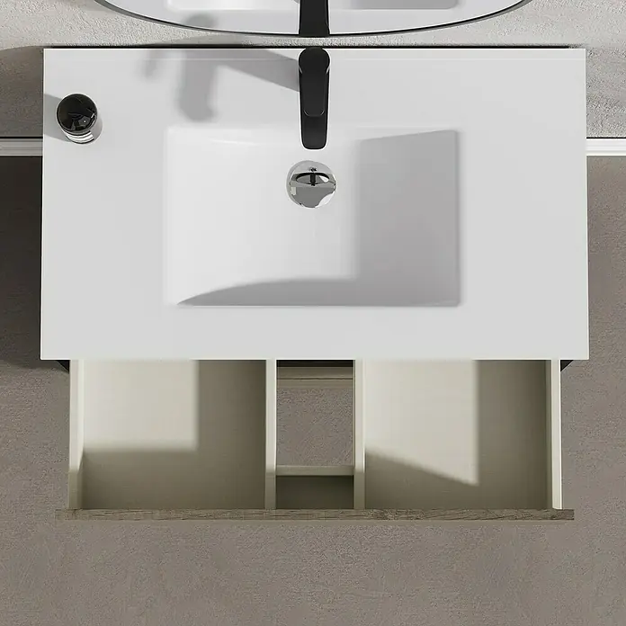 Artysan Conjunto de mueble de baño Africa - Ancho: 80 cm, 3 pzs., Nebraska, Mate - Mueble de baño moderno con elemento de cajón abierto y grifo negro sobre un fondo gris.