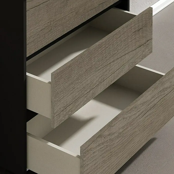 Artysan Conjunto de mueble de baño Africa - Ancho: 80 cm, 3 pzs., Nebraska, Mate - Primer plano de una cómoda con cajones abiertos que revela el interior y el detalle de la veta de la madera de los frentes.