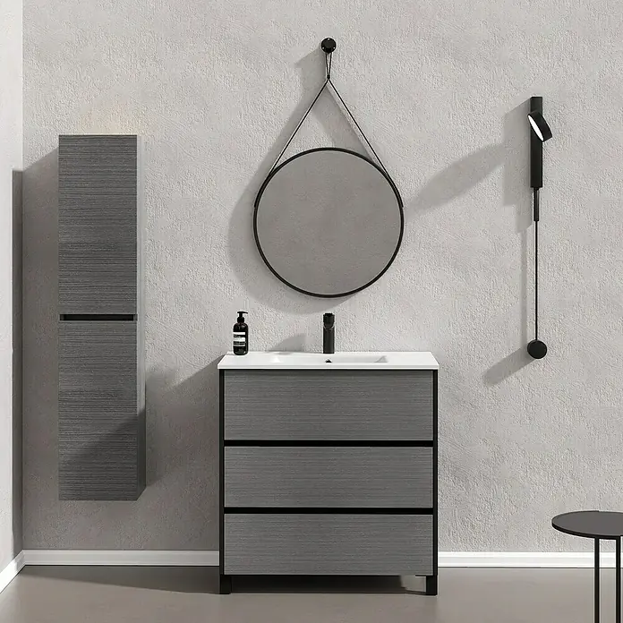 Artysan Conjunto de mueble de baño Africa - Ancho: 80 cm, 3 pzs., Ceniza, Mate - Elegante conjunto de baño con mueble de lavabo gris, armario colgante y espejo redondo para un ambiente moderno.