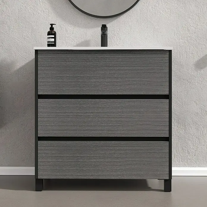 Artysan Conjunto de mueble de baño Africa - Ancho: 80 cm, 3 pzs., Ceniza, Mate - Moderno tocador de baño con tres cajones en gris y marco negro. Un complemento elegante para cualquier baño.