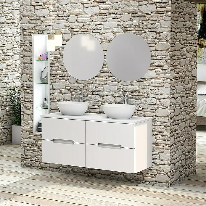 Artysan Conjunto de mueble de baño Loop Top - 6 pzs., Blanco, Mate - Diseño de baño moderno con mueble de lavabo blanco, espejos redondos y pared de piedra rústica. Muebles de baño elegantes para un ambiente elegante.