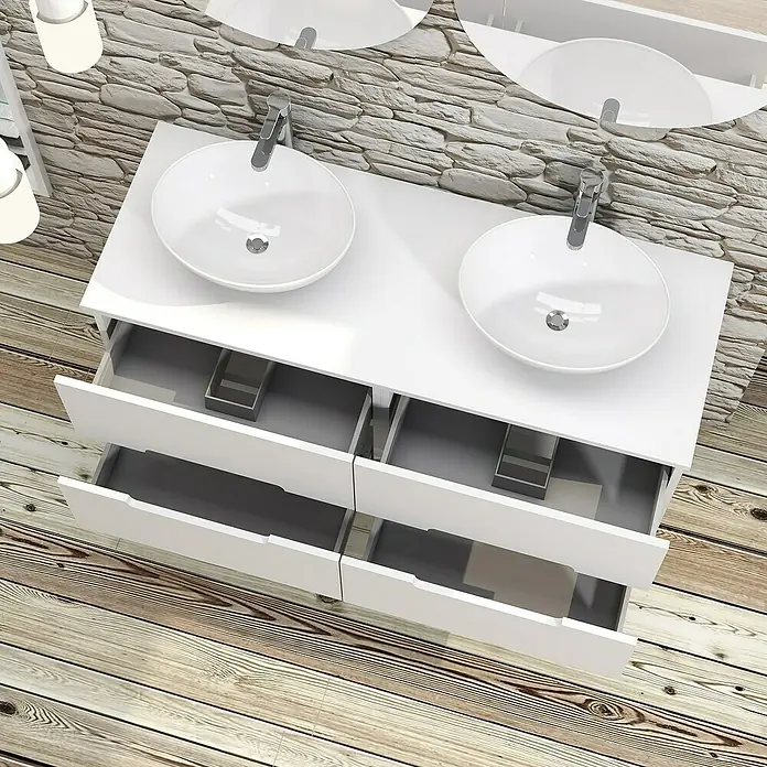 Artysan Conjunto de mueble de baño Loop Top - 6 pzs., Blanco, Mate - Un moderno tocador de baño con doble lavabo y cajones abiertos, que combina almacenamiento y diseño elegante.