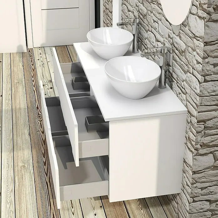 Artysan Conjunto de mueble de baño Loop Top - 6 pzs., Blanco, Mate - Mueble de baño moderno blanco con dos lavabos y cajones abiertos, perfecto para un baño elegante. Mueble de baño funcional.