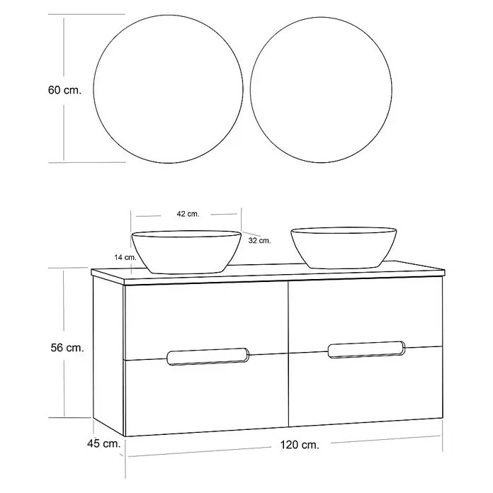 Artysan Conjunto de mueble de baño Loop Top - 6 pzs., Blanco, Mate - La imagen muestra un mueble de baño con dos lavabos y dos espejos redondos. Se indican las dimensiones.