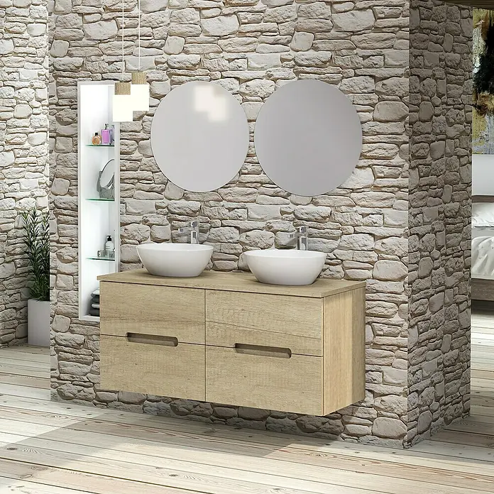 Artysan Conjunto de mueble de baño Loop Top - 6 pzs., Nature, Mate - Mueble de baño moderno con dos espejos redondos, una cómoda de madera clara y lavabos sobre encimera blancos sobre una pared de piedra.