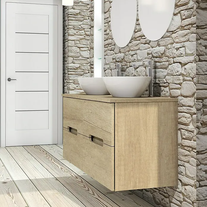 Artysan Conjunto de mueble de baño Loop Top - 6 pzs., Nature, Mate - Mueble de baño moderno con gabinete de madera clara, dos lavabos redondos y pared de piedra decorativa.
