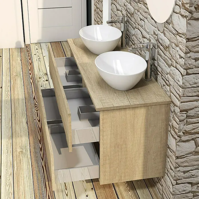 Artysan Conjunto de mueble de baño Loop Top - 6 pzs., Nature, Mate - Un tocador de baño moderno con dos lavabos y cajones abiertos, perfecto para diseños de baño elegantes.