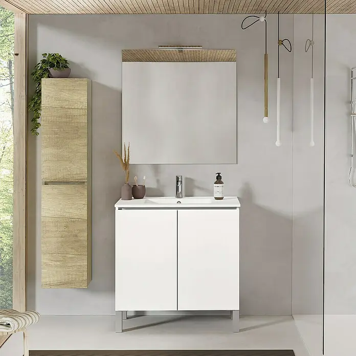 Artysan Conjunto de mueble de baño Versa - Ancho: 80 cm, 3 pzs., Blanco, Mate - Un tocador de baño con mueble blanco y espejo a juego con marco de madera para un ambiente de baño elegante.